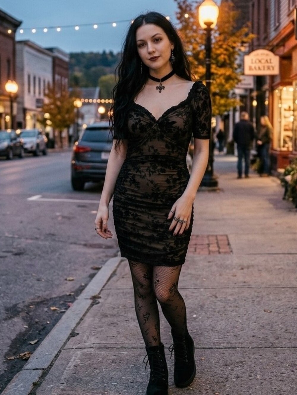 Black Lace Bodycon Dress, Sheer Overlay, Black Roses Floral Coquette Size M Sexy